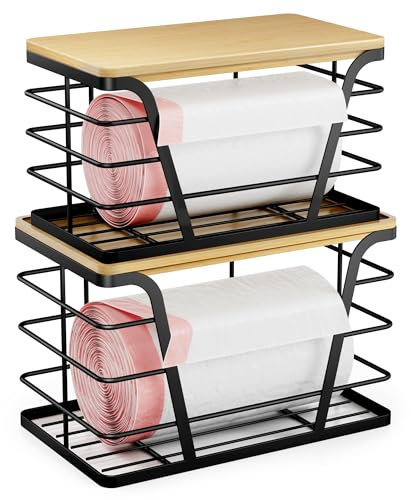 TIDIIABODE 2 Pack Stackable Storage Laundry Kitchen Organizers, Wall Mount Trash Bag Holder with Bamboo Top and Garbage Bag Dispenser No Drill