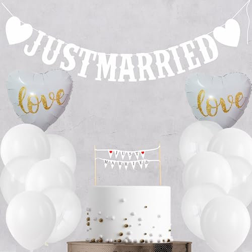 Catelves Hochzeitsdeko Set,Just Married Deko 16 Stück,Just Married Girlande,Luftballons Hochzeit Weiß,Cake Topper Hochzeit Deko Standesamt,Brautpaar Hochzeitsdeko Tisch,Hochzeitsgirlande Ballons