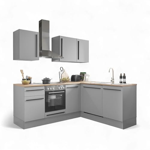 Stella Trading Denver Moderne Eckküche mit Elektrogeräten in Grau, Lancelot Eiche Optik - Geräumige Küchenzeile in L-Form mit viel Stauraum - 220 x 211 x 60 cm (B/H/T)