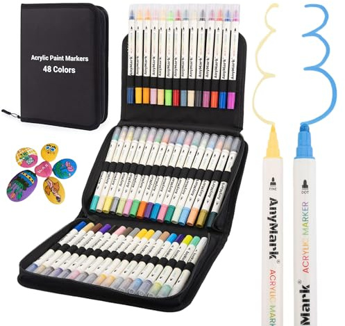 AnyMark 48 Colori Pennarelli Acrilici, Doppia Punta Dot e Fine, Marker Acrilici per Pietra, Legno, Vetro, Calligrafia, Pittura su Roccia e Fai-da-te