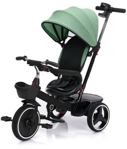 Fillikid Dreirad-Kinderwagen Niki 360 - Schwarz Grün, Baby Kinderdreirad ab 12 Monaten bis 22 kg verstellbare Schiebestange