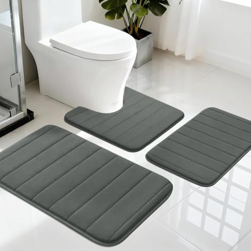 LUSCHEER Memory Foam Bath Mat Sets 3 Piece Bathroom Rugs with PVC Non Slip Backing, Water Absorbent Soft Toilet Mat Machine Washable Shower Rug for Bathroom Floor, Dark Grey