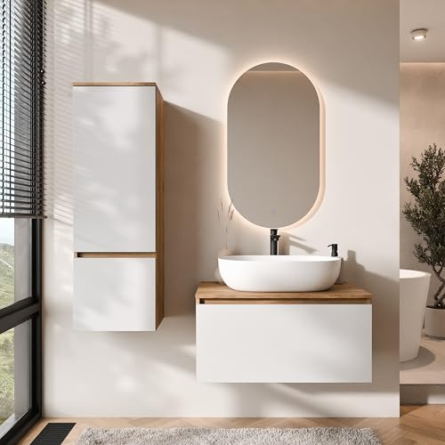 Planetmöbel Arisa - Set di mobili da bagno con mobiletto, 80 cm, colore oro rovere bianco, con specchio a LED e mobiletto alto, 60 cm, colore: Bianco