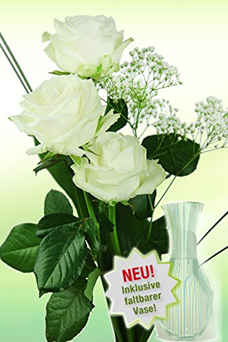3 weiße Rosen - Rosenstrauß mit drei langstieligen Rosen, Ruskus und Gräsern - Inklusive gratis Vase und Grußkarte