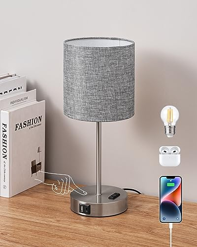 EDISHINE LED Nachttischlampe Touch Dimmbar, Tischlampe Modern, Kleine Lampe, mit Ladefunktion, 2 USB Anschlüsse, Schlafzimmer, Wohnzimmer, Fensterbank, Geschenk, Leinen Lampenschirm, Grau