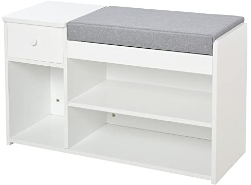 HOMCOM Panca Scarpiera con Cuscino, Cassetto e 3 Vani Aperti, Mobile per Ingresso in Legno 81x31.5x49cm, Bianco