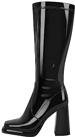 blingqueen Damen Boots Blockabstz Stiefel Plateau Reißverschluss Lack Schwarz 45 EU