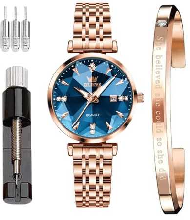 OLEVS Damen-Armbanduhr, luxuriös, Roségold, Ultra – Edelstahl Mesh – Elegantes Armband wasserdicht für Frauen mit verstellbarem Armband, Gw-g5536-rosa blaue Oberfläche, Klassisch