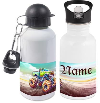 Trinkflasche mit Name/wahlweise 400ml, 500ml oder 600ml + Schriftwahl für Name + Edelstahl oder Aluminium (Monstertruck)