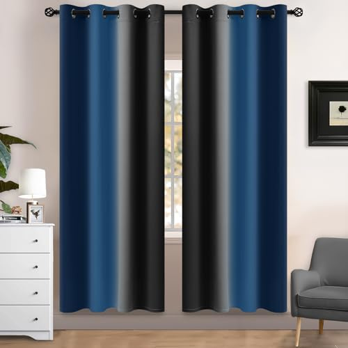 Yakamok 72 Inch Length Dark Blue and Black Light Blocking Gradient Color Ombre Curtains with Grommet, Room Darkening Window Treatment Drapes for Living Room(2 Panels, 52x72 Inch)