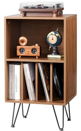 VEVOR Soporte para Tocadiscos 480 x 400 x 860 mm de 3 Niveles Capacidad Hasta 150 Álbumes, Gabinete de Almacenamiento de Discos de Vinilo con Patas de Metal para Dormitorio, Sala de estar, Marrón