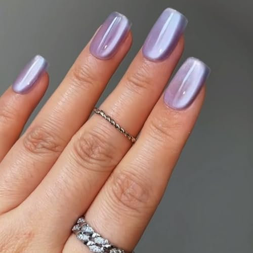 Purple Cat Eye Press on Nails Short Square, SXVME Glitter Glue on Nails Sparkly Shiny Fake Nail Press on With Design, Cute Bling Extra Short Coffin False Nail for Women Small Sizes 30 Pcs