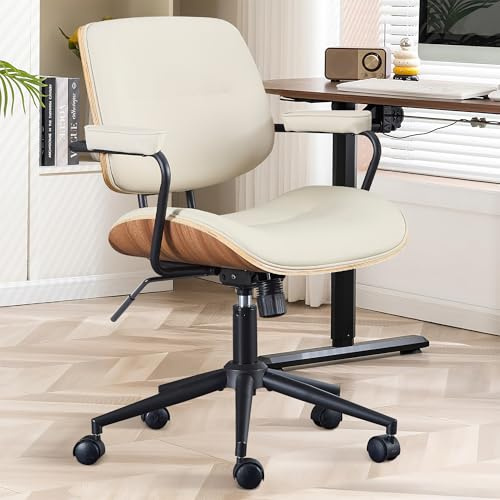 BERYTH Office Computer Desk Chair Mid Century Modern Office Chair Swivel Rolling Task Chair with Armrests and Walnut Back, Adjustable, 360 Swivel for Home Office Beige