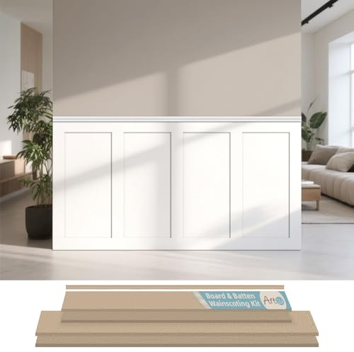 Art3d Kit de paneles terminados Board & Batten para revestimiento de pared (210 x 113 cm) de MDF para pintar, ideal para cocina, dormitorio y sala de estar – Incluye listones de borde