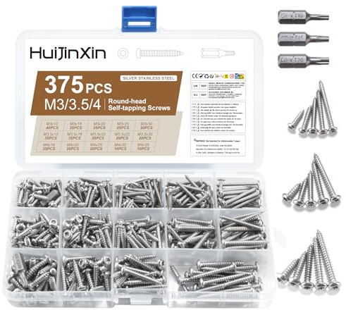 375 Pcs Button Round Head Torx Screws Set, Stainless Steel Sheet Metal Screws, Tamper Proof Self Tapping ScrewsSecurity Screw Set for Wood Mechanical Industry (Silver) (Round head screw)