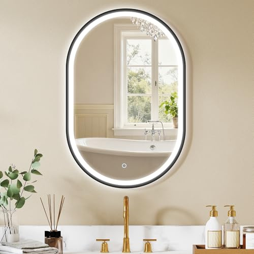 HOMCOM Espejo de Baño con Luz, 60x90 cm, Espejo de Pared Ovalado, 3 Colores de Luz, Brillo Regulable, Función Antivaho, Memoria, Interruptor Táctil, Marco de Aluminio, IP44, Negro