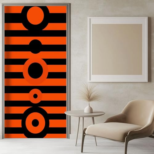 Adesivi per Porte 3D per Interne Strisce Cerchi, Autoadesivo Poster Murale Decalcomanie Colore Arancione Rimovibile Soggiorno Cucina Camera da letto Parete 77x200 cm