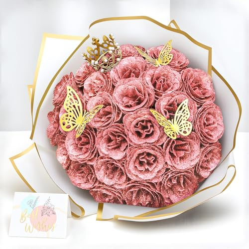 Dremisland 26 PCS Glitter Roses Bouquet Artificial Rose Flowers DIY Fake Glitter Rouge Pink Bouquets with Stems Crown Sparkly Rose Faux Flower for Gifts Valentine's Day Anniversary Birthday Mother
