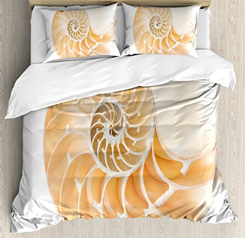 Ambesonne Geometry Duvet Cover Set, Nautilus Shell Showing The Chambers in Distance Curves Helix Hidden Print, Decorative 3 Piece Bedding Set with 2 Pillow Shams, Queen Size, Cream White