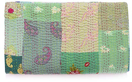 Hecho a Mano Vintage Print Hand Jari Patchwork King/Twin Size Bordado Kantha Edredón Decorativo para el hogar Edredón Kantha Colcha Manta India Coverlet Art (Green, 90 x 108)