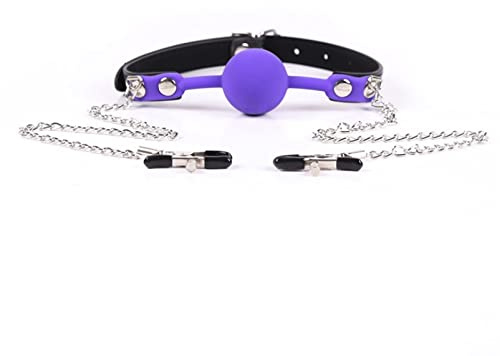 Bondage Masters Bâillon-boule avec pinces à tétons, bâillon buccal de contention et de bondage, violet