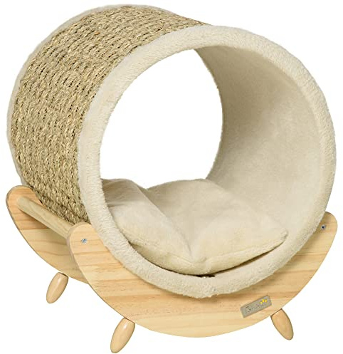PawHut Raised Cat House Kitten Bed Pet Shelter Wrapped with Scratcher Soft Cushion, 41 x 38 x 43 cm, Beige