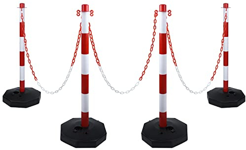 UISEBRT 4 postes de cierre de plástico con 4 cadenas de cierre de 140 cm, postes de bloqueo con soporte 82 x 28 x 28 cm, para control de tráfico, advertencia rojo y blanco