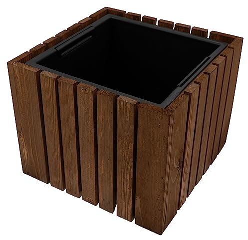 HRB Blumentopf Vintage eckig aus Echtholz braun, hochwertiger Holz Pflanztopf mit Kunststoffwanne mit 11,5 L Volumen für Innen und Außen, die Pflanzkübel haben EIN einzigartiges Design