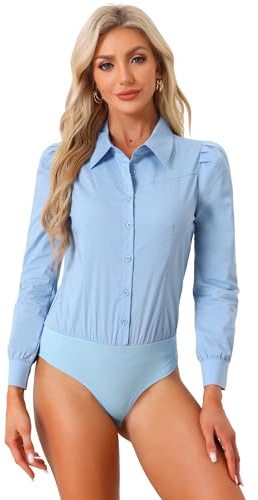 Allegra K Body Camicia Donna con Colletto e Bottoni Maniche Lunghe Business Ufficio Azzurro S
