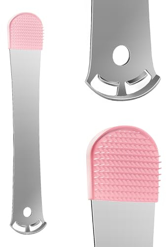 Tongue Scraper with Silicone Brush, 2-Layer Stainless Steel Tongue Scraper for Adults Metal Tongue Scrapers Cleaner, Effectively Removes Tongue Coating (Pink)