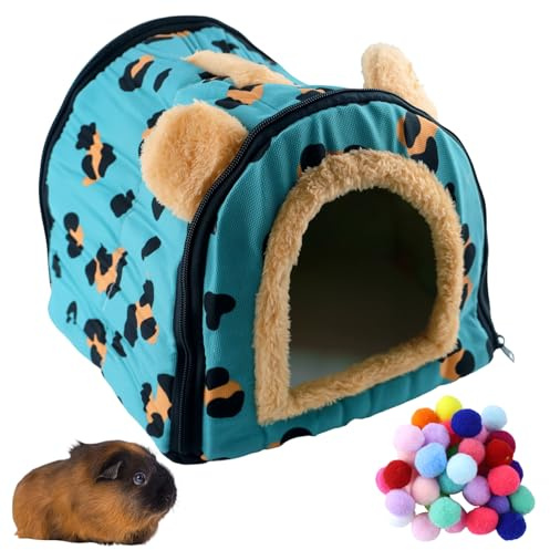 1 Piezas Nido mascotas desmontable con estampado leopardo azul,Cama Cueva Conejillo,Cueva Cama Cálida,Resistente Cueva con Alfombrilla extraíble,para cobayas, hurones, erizos