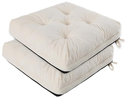 PRIMEPATIO Sitzkissen, 2er Set Stuhlkissen aus Cordstoff, Memory Foam mit Doppel-Layer Design, Befestigungsriemen & Tacker-Design, Pflegeleicht für Esszimmer & Bürostühle, 45x45x8cm, Beige