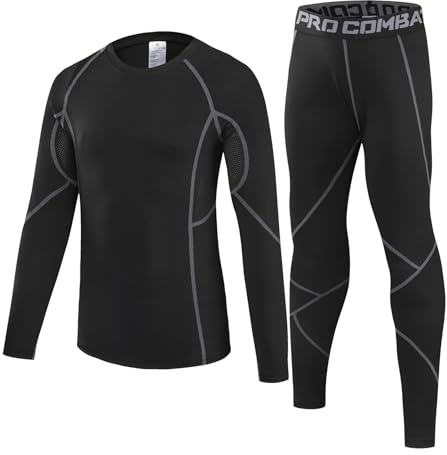 Leeboom Kids Thermal Base Layer Set Football Skins for Boys Warm Base Layer Kids - Black Long Sleeve Top & Matching Bottoms for Winter
