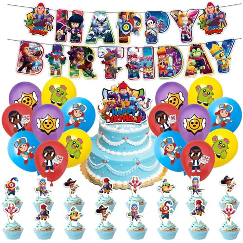 42 Stück Stars Geburtstagsdeko Set, Bral Strs Kindergeburtstag Deko, Cartoon Luftballons Geburtstag Dekoration Set für Kinder Jungen Mädchen Themenpartys Dekorationen