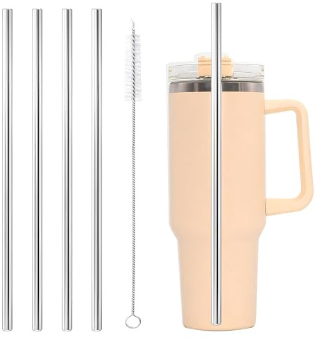 Juego de pajitas de metal de 4 piezas, pajitas de acero inoxidable de 30 cm de largo, 4 pajitas rectas con cepillo de limpieza, pajitas respetuosas con el medio ambiente, reutilizables para bebidas