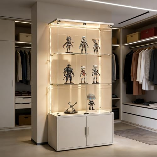 Vitrina de vidrio con iluminación LED, vitrina de vidrio para piso, 4 puertas, 4 estantes, vitrina de colección con cerradura para libros, oficina, sala de estar (blanco, barra de luz LED de 4 puertas