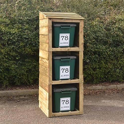 Signs & Numbers Wooden Recycling Bin Storage for 3 Bins - Outdoor Weatherproof Bin Store with 3 Free Personalised Labels - Garden & Garage Recycle Box Holder - Brown Wood - 66×60×163.5cm