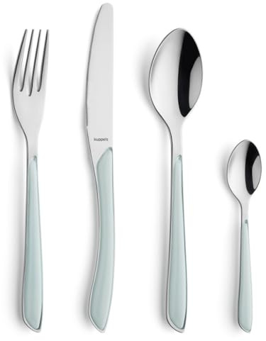 Kuppels PRISMA - Set di posate per 6 persone, 24 pezzi, in acciaio inox 18/0, lama ondulata, forchetta, cucchiaio, cucchiaio da caffè, manici in plastica colorata lucida, antiruggine, lavabile in