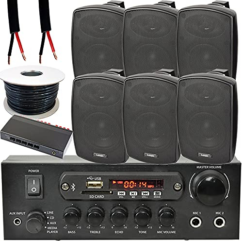 QUALITY 6x 4” 60W Black Wall Outdoor Speakers & 3 Zone Bluetooth Amplifier Kit | SMART HOME Multi-Room | BBQ Garden Party Restaurant System | External/Internal Audio | HiFi Wireless Music Streaming