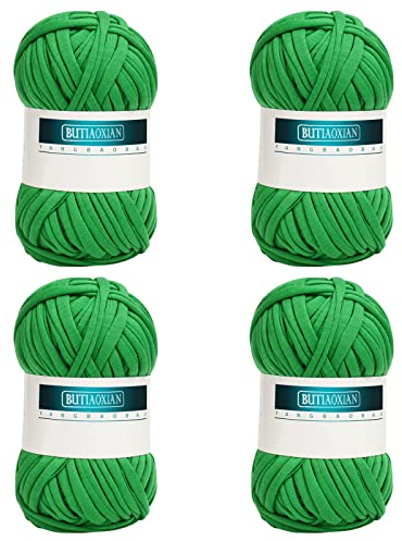 4 Pack 100g Grobes Baumwolle Garn zum Stricken und Häkeln T-Shirt Band Strickgarn Baumwolle Überwurfgarn Weiches Großes Garn Häkelgarn Set für Korb Taschen Decken Hüte Spielzeug Schals Grün