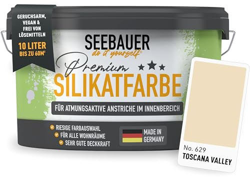 SEEBAUER diy Silikatfarbe Hellbraun 10L für Innen (No. 629 Toscana Valley) Atmungsaktive Mineralfarbe für Allergiker - Abwaschbare Wandfarbe - Brauntöne hohe Deckkraft