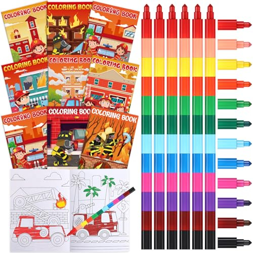 Funrous 48 Pcs Coloring Books with Stackable Crayons Firefighter Summer Circus Party Favors Coloring Pages Drawing Booklet Party Supplies for DIY Art Painting Games Goodie Bag Fillers (Firefighting)
