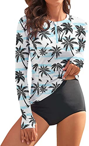 WOWENY Camiseta de natación de Manga Larga para Mujer, con Cremallera 1/4, protección Solar, Traje de baño, Camiseta de Surf, Camiseta de Playa, Chaleco de natación, PD, M
