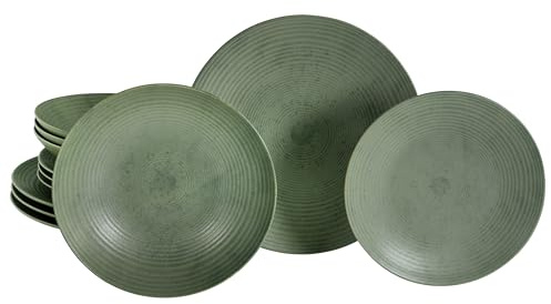 CreaTable, 23718, Serie Catania Eukalyptus, 12-teiliges Geschirrset für 4 Personen, Teller Set aus Steinzeug, spülmaschinen- und mikrowellengeeignet, Made in Portugal