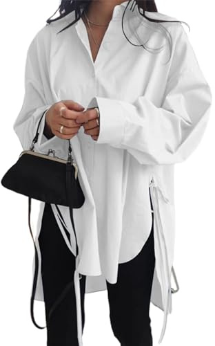 Anboerly Shirt Dresses for Women, Long Shirts with Slim Lapel, Lace up & Buttoned Styles in White, Size XL