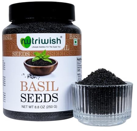 Nutriwish Basil Seeds (Sabja/Tukmaria), 250 g | 100% Natural, Raw & Gluten-Free Superfood | Ideal for Smoothies, Drinks, Desserts, Salads & Daily Nutrition