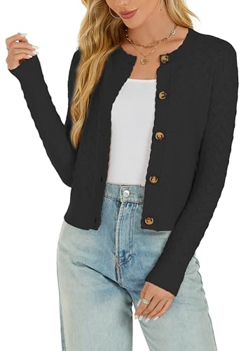 Enjyam Dam virkad stickad knapp cardigan långärmad rund hals Bolero tröja toppar för vår höst, Klassisk svart, M