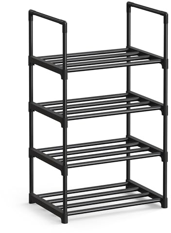 SONGMICS Étagère à Chaussures 4 Niveaux, Porte-Chaussures en Métal, à l’Endroit ou à l’Envers, pour 5-10 Paires, Empilable, pour Couloir, 30 x 42,5 x 71,5 cm, Noir LSA004B01