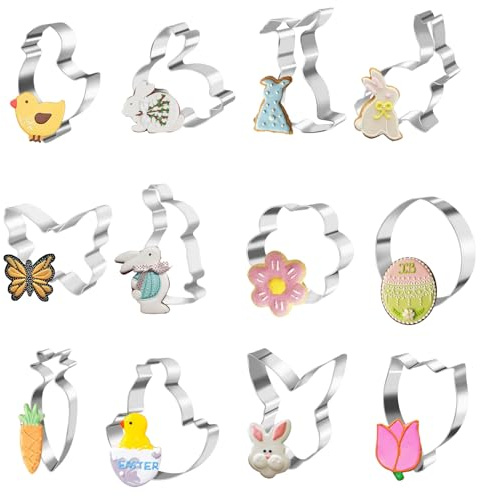 Ausstechformen Ostern 12Stück Osterhasen Ausstecher, Edelstahl Keksausstecher Ostern Plätzchen Ausstecher Ostern Klein Hasen Ei Blume Schmetterling Karotte zum Plätzchenbacken und Hand Herstellen