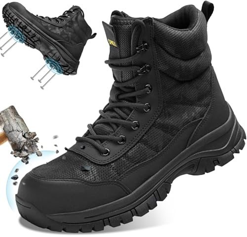 SPIEZ Steel Toe Work Boots for Men, Lightweight Slip Resistant Safety Boots with Upgraded Sole, Puncture Proof Midsole, Side Zip, Durable Construction Warehouse Footwear UK9.5